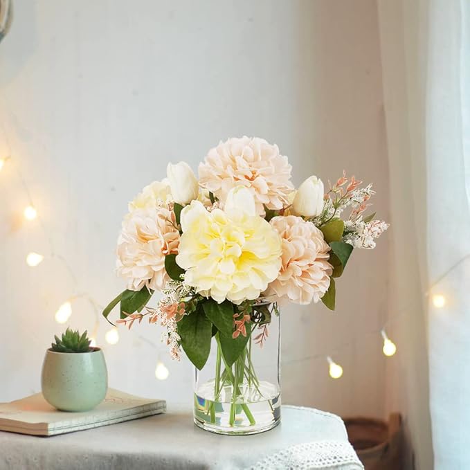 ENOVA FLORAL Artificial Tulips Flowers in Vase, Artificial Flowers Tulips Real Touch and Dahlia Silk Flower in Vase for Dining Table Decoration Wedding, Home Decor Indoor (Cream Pink)