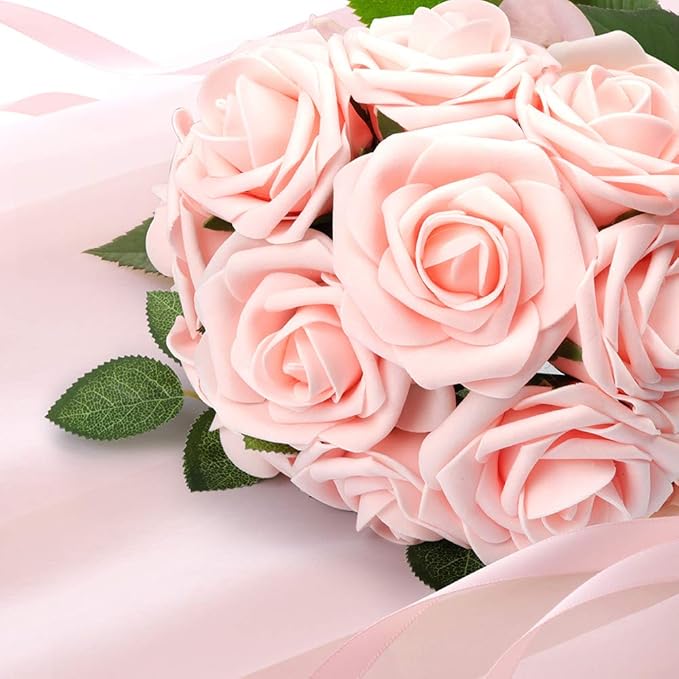 Mocoosy 50Pcs Artificial Roses Flowers, Blush Pink Roses Artificial Flowers Foam Fake Roses with Stem for Wedding Bridal Bouquets Party Centerpieces Artificial Flowers Crafts DIY Home Decoration
