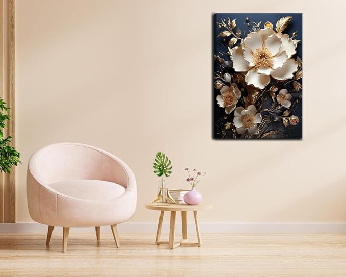 3D Abstract Flower Canvas Wall Art White Floral Texture Poster Prints Serene Blossoms Wall decor pictures for Bedroom and Bathroom Home Decorations Framed(16inx24in Canvas)
