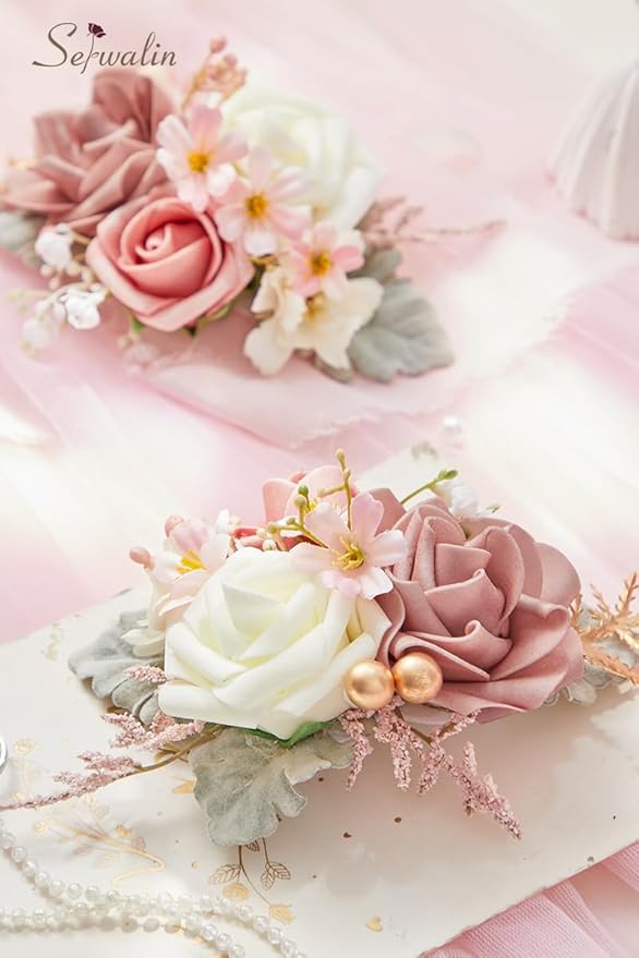 Serwalin Set of 2 Boutonniere for Men Corsage with Pins,Groom and Best Man Boutonnieres for Wedding Prom Ceremony Anniversary and Party (Pink&White)