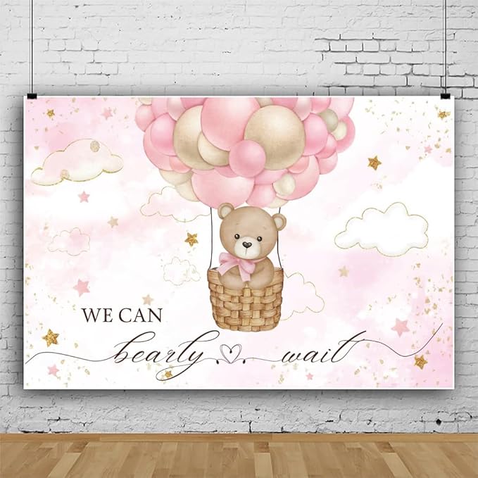 ChloropLastid We Can Bearly Wait Baby Backdrop Girl Bear Hot Air Balloon Baby Shower Photography Background Pink Balloons Clouds Stars Baby Party Cake Photo Decoration 7x5ft