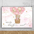 ChloropLastid We Can Bearly Wait Baby Backdrop Girl Bear Hot Air Balloon Baby Shower Photography Background Pink Balloons Clouds Stars Baby Party Cake Photo Decoration 12x8ft
