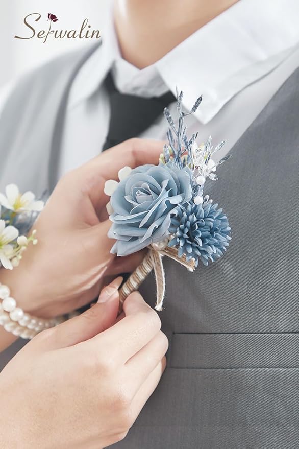 Serwalin 6PCS Boutonniere for Men,Groom and Best Man Boutonnieres for Wedding Decor Prom Anniversary Homecoming Flowers Formal Dinner Party (Blue & Dusty Blue)
