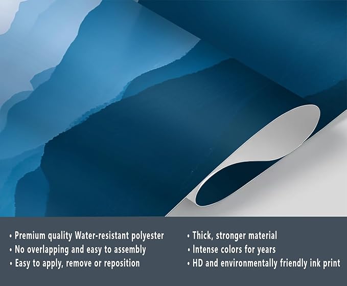 Minimalist Blues Mountain Wall Mural, Misty Layered Hills 3D Wall Murals, Serene Misty Mountains Wallpaper Mural, for Living Room Bedroom Large Wallpaper Indoor Decor 177.16" W x120 H