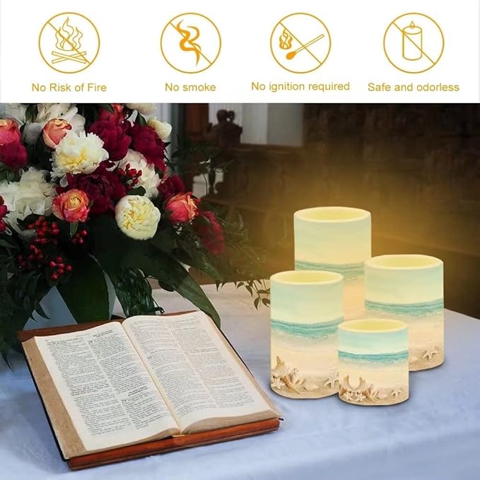 Flickering Flameless LED Pillar Candles with 18-Key Remote Battery Operated Color Changing Tea Lights Fake Candles, Set of 4, Beach Starfish Blue