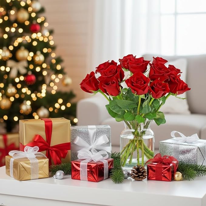 Benchmark Bouquets - 12 Stem Premium Red Roses (Glass Vase Included) - Fresh Flowers for Next Day Delivery - Gift for Christmas, Birthday, Anniversary, Sympathy, Get Well, Congratulations