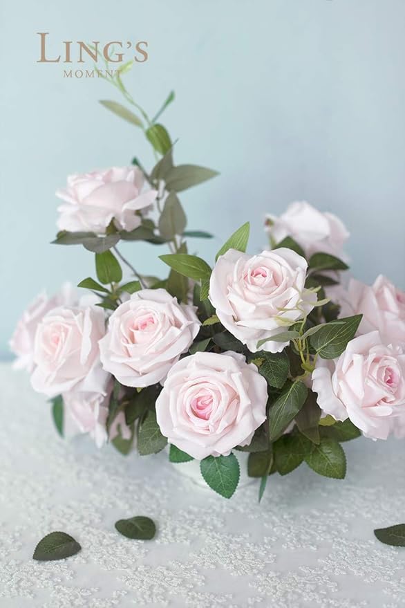 Ling's moment Artificial Flowers 16pcs Pale Pink Silk Roses with Stems, 3.5" Fake Shabby Blush Vendela Roses Bulk for DIY Wedding Bouquets Centerpieces Party Baby Shower Home Decoration