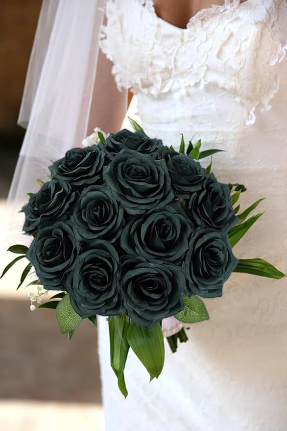 12pcs Artificial Rose Flower Dark Green Rose Emerald Green Flower with Long Stem Silk Roses Bouquet for Wedding Bridal Shower Party Home Decoration