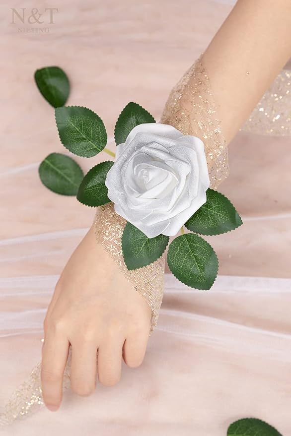 N&T NIETING Artificial Flowers, 25pcs Fake Flowers Roses with Stem for DIY Wedding Bouquets Centerpieces Bridal Shower Party Home Decoration, Silver White