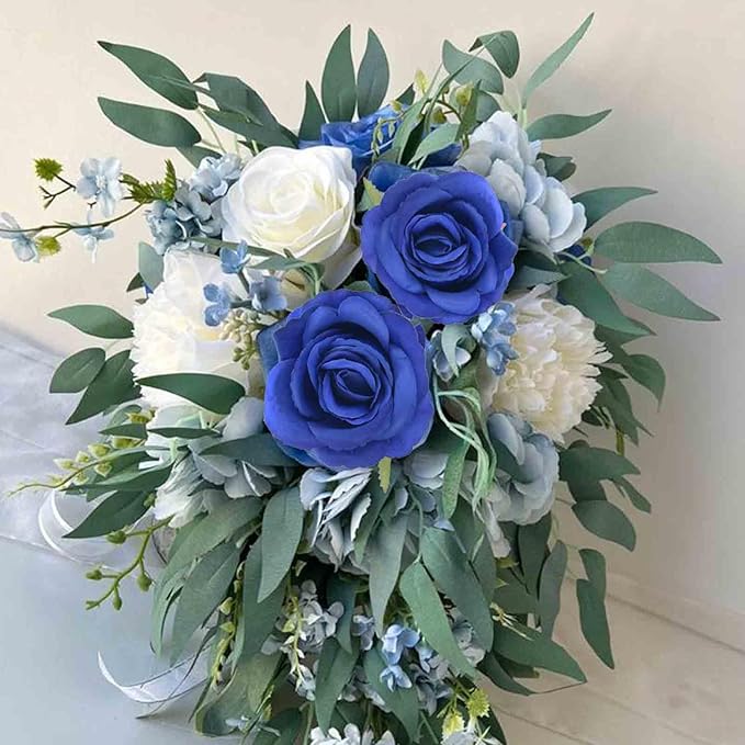 Felice Arts 12 Pack Royal Blue Artificial Flowers Blue Roses with Stems Silk Roses Fake Flowers Bouquet for Wedding Graduation Centerpiece Table Vase Home Kitchen Party DIY Decor
