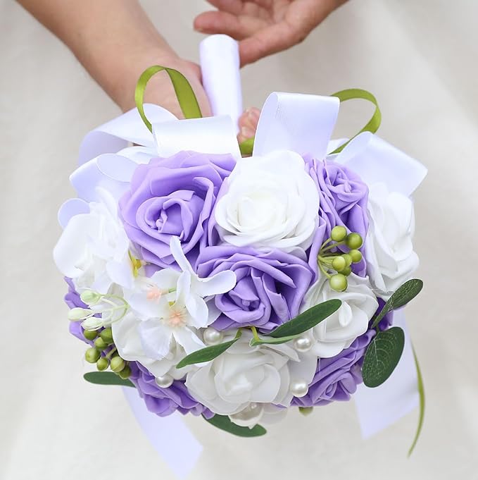 Lightweight Bridal Wedding Bouquet Round Holding Bouquet Throw Toss Artificial Rose Flower Bunch for Bride Bridesmaid Wedding Quinceanera (White & Mid Purple, 7.9")