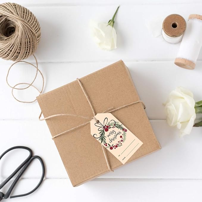 Andaz Press Christmas Holiday Season Classic Gift Tags, Merry Christmas to from Classic Favor Tags, Christmas Wreath Design, for Holiday Events, Parties, and Favors, 60-Pack