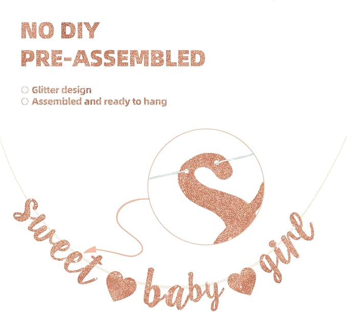 BEISHIDA Rose Gold Glitter Girl Baby Banner,NO DIY, Pre-Strung Baby Gender Party Banner For Girls, Girl Baby Shower Decorations,First Birthday Sweet party supplies