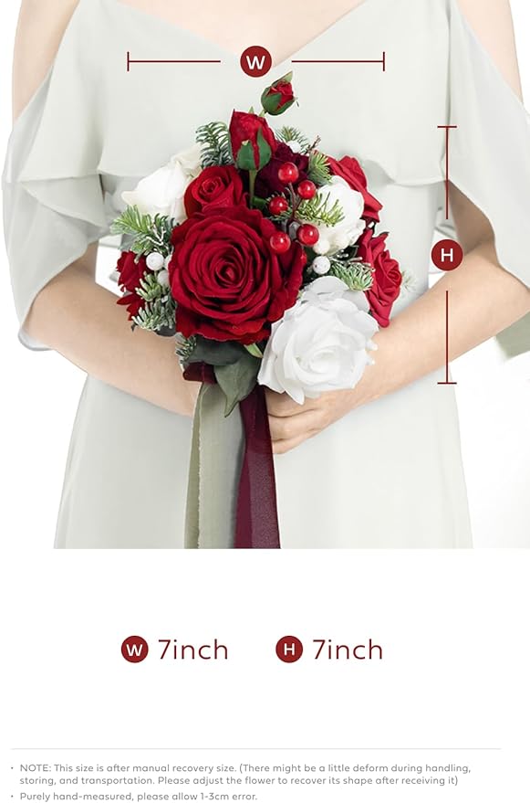 Ling's moment Red Bridesmaid Bouquet Set of 4, Red and White Christmas Wedding Bouquets for Bridesmaids, 7 Inch Bridal Bouquets for Bridesmaids, Wedding, Ceremony, Anniversary, Homecoming, etc.
