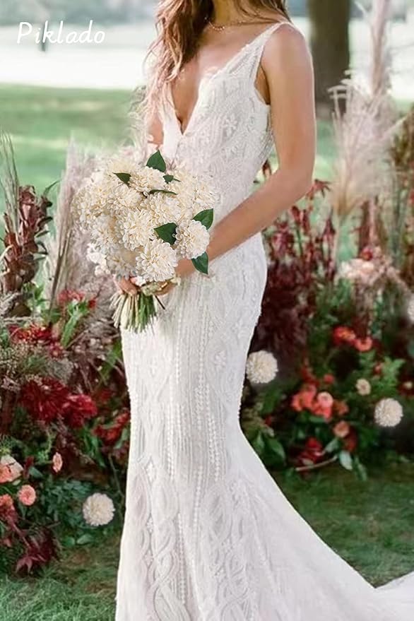 Artificial Wedding Dahlia Flowers 25 pcs Ivory Fake Roses w/Stem for DIY Wedding Decor Centerpieces Arrangements Bouquets(Champagne)