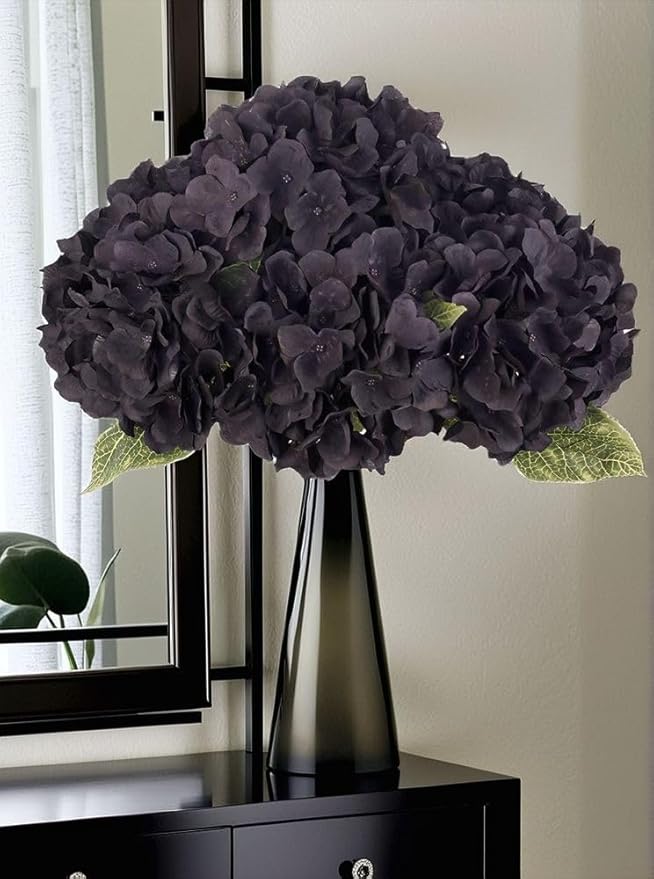 2Bouquets Artificial Fake Flowers Plants Silk Hydrangea Arrangements Wedding Bouquets Decorations Plastic Floral Home Kitchen Garden Party Festival Bar DIY (Black)