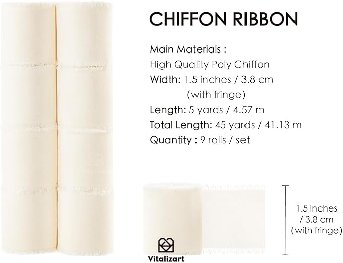 Vitalizart 9 Rolls 1.5" x 45 Yd Cream White Handmade Chiffon Silk Ribbon Fringe Frayed Edges Ribbons for Wedding Invitations Bridal Bouquets Gifts Wrapping Crafts Holiday Decor