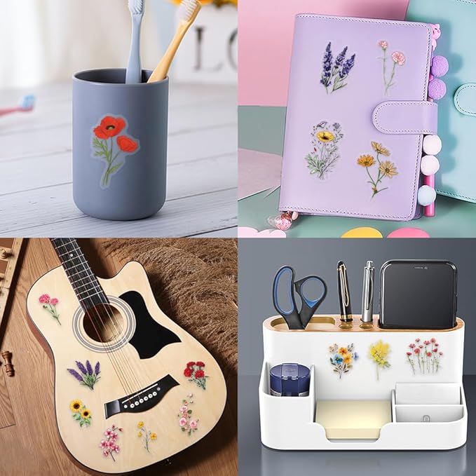 60 Pcs Watercolor Flower Sticker, Self-Adhesive Flowers Stickers Transparent Waterproof PET Floral Decals for Journaling, Scrapbooking, Laptop, Guitar, Water Bottle, Phone Case Aesthetic Decoration