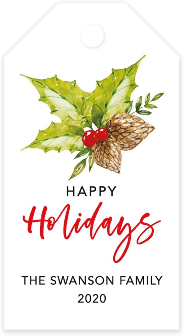 Andaz Press Personalized Christmas Holiday Season Classic Gift Tags, Happy Holidays Custom Family Name and Year, Holly Leaf Design, for Holiday Events, Parties, and Favors, 60-Pack