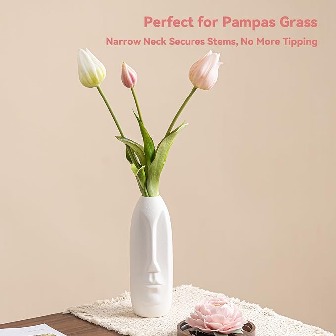 White Ceramic Face Vase - 8.4" Unique Flower Vase with Matte Finish, Decorative Boho/Farmhouse Vase for Pampas Grass & Centerpieces, Living Room/Office Desk Decor & Gift for Her/Yourself