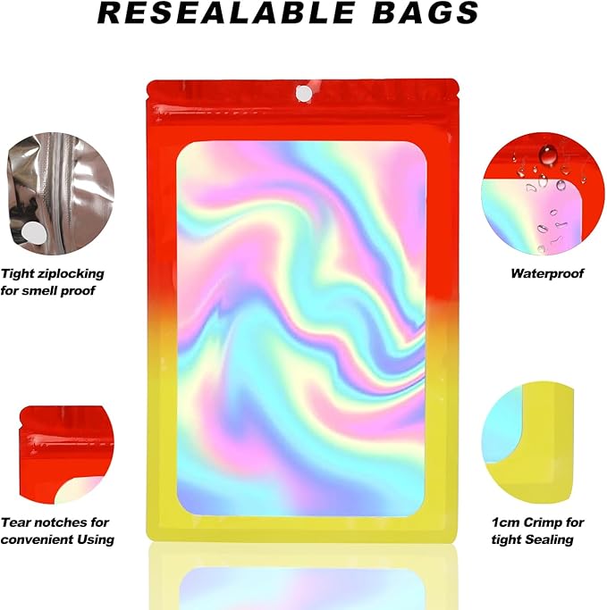 400 Pack 4 Size Bags with Clear Window,Scratch Resistant Hand Holographic Packaging Pouch,Resealable Bag for Small Bussiness Cookies Jewelry Candy Sample (Red Yellow, 2.4×3.9,3x4.7,4×7,5.5×7.9 inch)