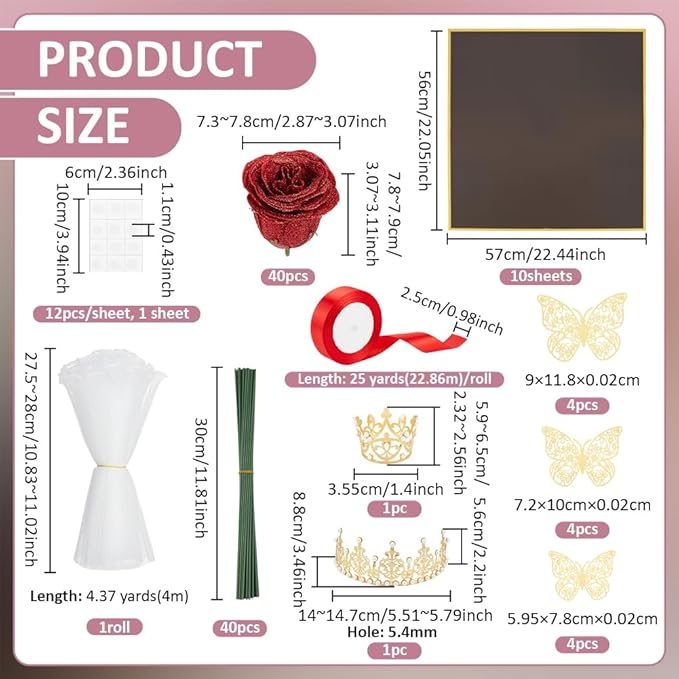 BENECREAT 40Sets DIY Flower Bouquet Kit with Glitter Artificial Roses, Flower Wrapping Paper, 3D Butterflies, Crowns and Stems for Anniversary Weddings Graduation Home Decor