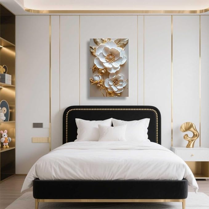 ZSHARTSWD Abstract White & Gold Floral Canvas Wall Art Elegant Flowers Pictures Prints White Flower Golden Leaves Painting Living Room Bathroom Decor Framed (Gold, 30L x 20W)