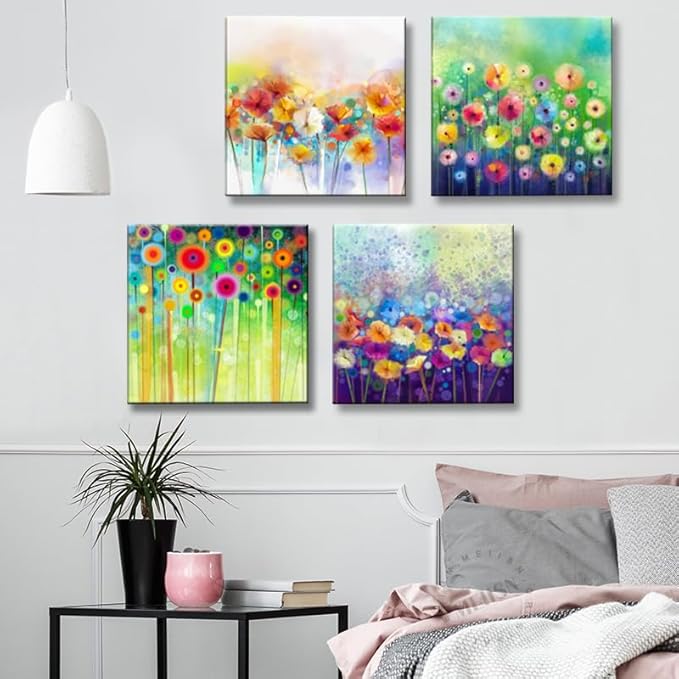 Flowers Bathroom Decor Canvas Wall Art, Colorful Floral Artwork Painting Prints Modern Pictures Framed for Bedroom Office Living Room Decorations - 12"x12"x4 panel