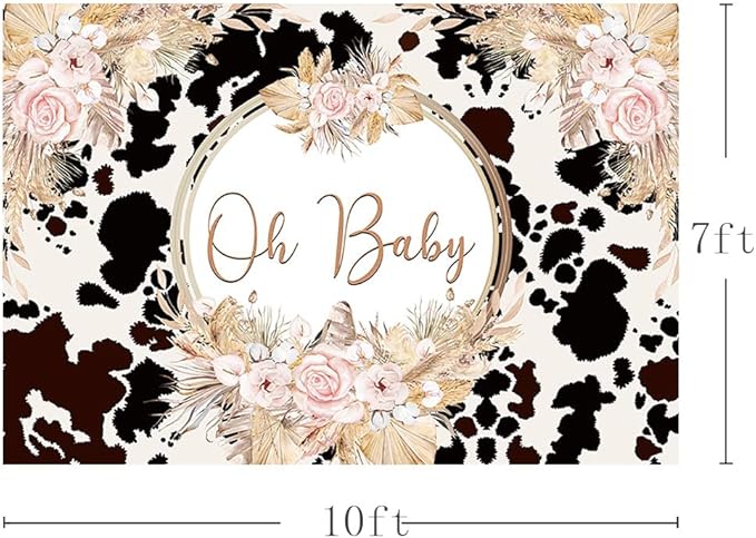 10x7ft Boho Holy Cow Baby Shower Backdrop Oh Baby Black and White Cow Print Bohemia Pink Floral Pampas Grass Photography Background Farm Theme Party Decoration Banner Supplies Photo Studio Prop