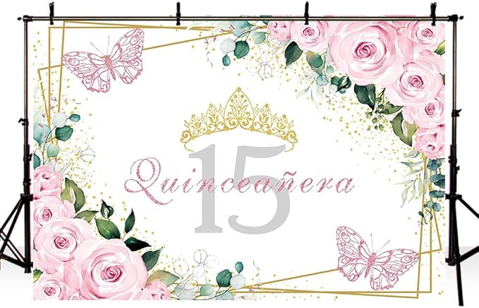 Sendy 7x5ft Quinceañera Backdrop Mis Quince 15 Anos Birthday Party Decorations Supplies for Girl Princess Pink Floral Butterfly Gold Crown Photography Background Banner Photo Booth Studio Props