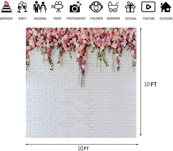 LTLYH 8x8ft White Brick Wall Flowers Background Spring Theme Photography Backdrop for Mother's Day Valentine Wedding Bridal Baby Shower Birthday Party Decor Banner Portrait Photo Booth Prop 134………