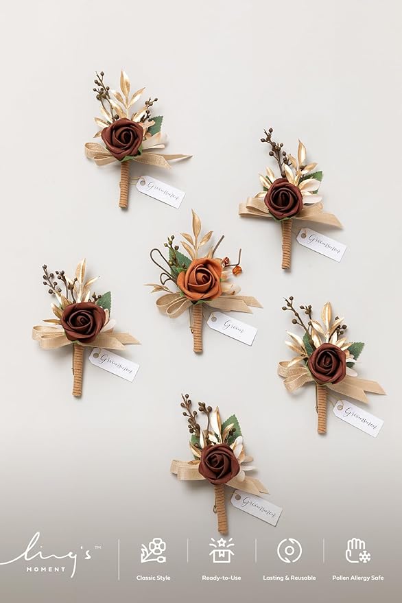 Ling's moment Boutonniere for Men, 6pcs Groom Groomsmen Boutonniere, Artificial Flowers for Wedding Decor/Prom/Homecoming, etc.Terracotta Orange