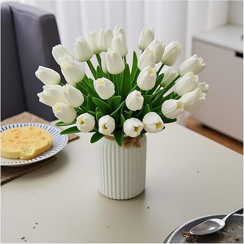 18pcs Artificial Tulips 13" PU Artificial Flowers for Family Friends Gifts DIY Flower Arrangement Home Kitchen Office Party Wedding Dining Table Decoration, White