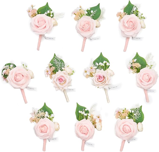 TINGE TIME Boutonniere for Men Wedding,Groom and Best Man Boutonniere for Wedding Ceremony Anniversary, Formal Dinner Party and Rustic Spring Wedding Marriage (10, Sakura Pink)