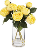 ENOVA FLORAL 9 Heads Silk Rose Artificial Flowers in Vase,Faux Rose Flowers Arrangement in Vase with Faux Water for Table Decor Centerpieces (Yellow)