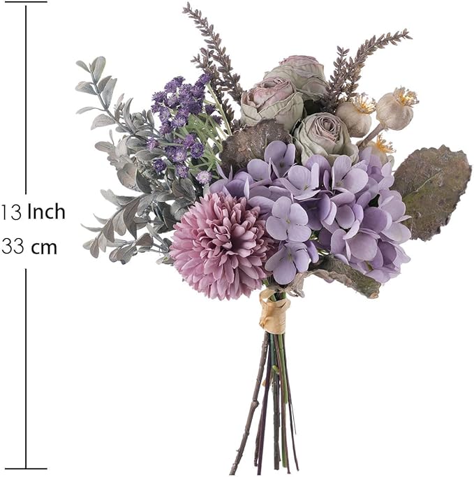 13-inch Small Artificial Fake Flowers for Table Arrangements, Silk Faux Bouquets with Three Roasted Edge Roses, Hydrangeas, Globeflower, babysbreaths, Ideal for The Kitchen or Bedroom.