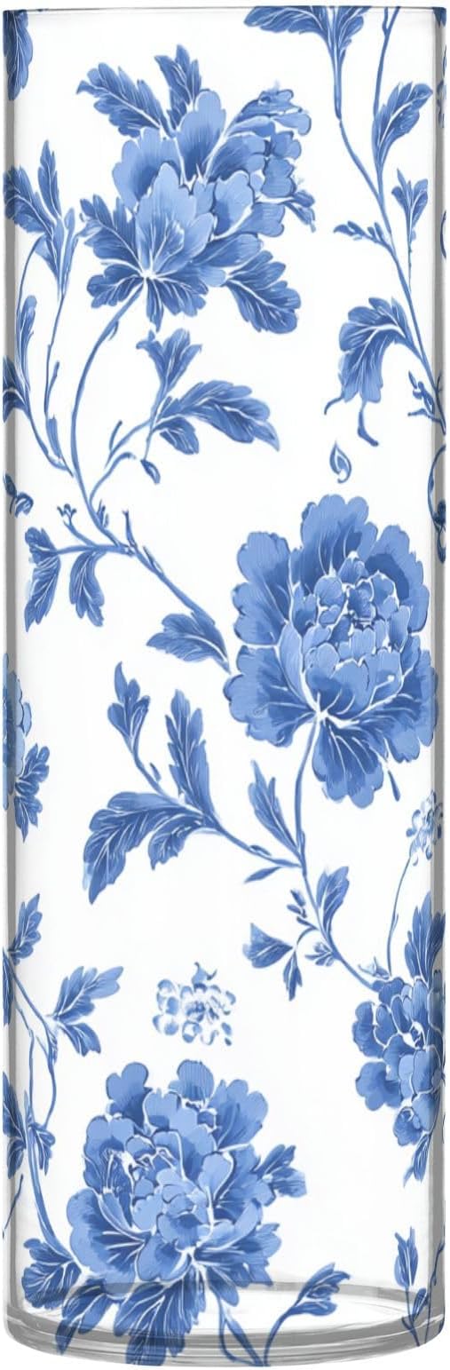 Flower Vase Clear Plastic Cylinder Vases Decor for Centerpieces Home Storage Office Weddings Flowers Blue and White Pattern 11.8 x 3.9 in