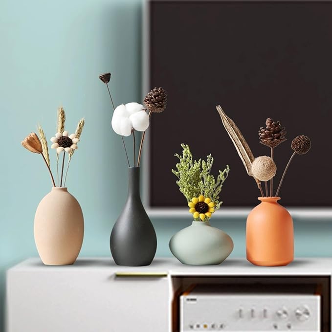 Ceramic Vase Set of 4 for Modern Home Decor Minimalist Bohemian,Round Matte Vases for Dried Flowers&Pampas Grass Ceramic Decoration for Office,Shelf,Living Room,Bedroom,Entryway Decor