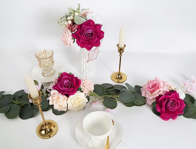 Hot Pink Roses 16pcs Artificial Velvet Roses Head Bulk Silk Flowers 4.3" Hot Pink Artificial Roses with Stems for Wedding Flowers for Centerpieces Home Party Decor (Hot Pink)
