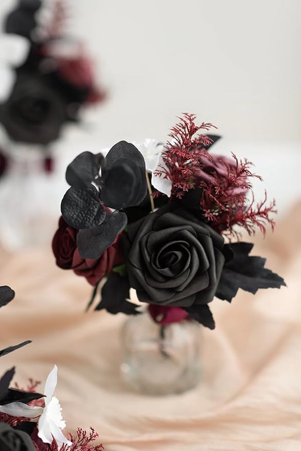 Ling's moment Fake Flowers Box, Faux Artificial Greenery Stems Foam Roses Peonies Silk Eucalyptus Leaves Fabic Flower for Centerpieces Bouquet Wedding Vase Decorations, Burgundy & Black, Deluxe Combo