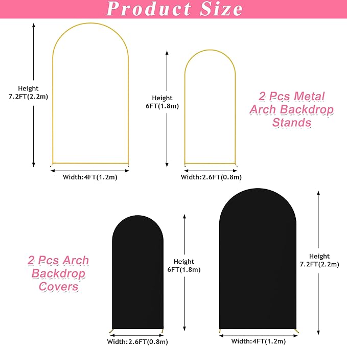 Putros Metal Arch Stand with Cover Set of 2 Black Spandex Fitted Wedding Arch Cover and Round Top Chiara Backdrop Stand for Birthday Party Baby Shower Decoration 7.2FT, 6FT
