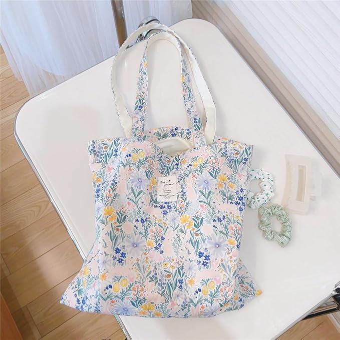 Cotton Canvas Tote Bag Reusable Soft Grocery Cloth Bag Floral Shoulder Bag for Beach Travel Shopping