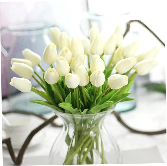Artificial Tulips Flowers Real Touch Tulips Holland PU Bouquet Latex Flower White for Wedding Party Office Home Kitchen Decoration 30pcs (White) Artificial