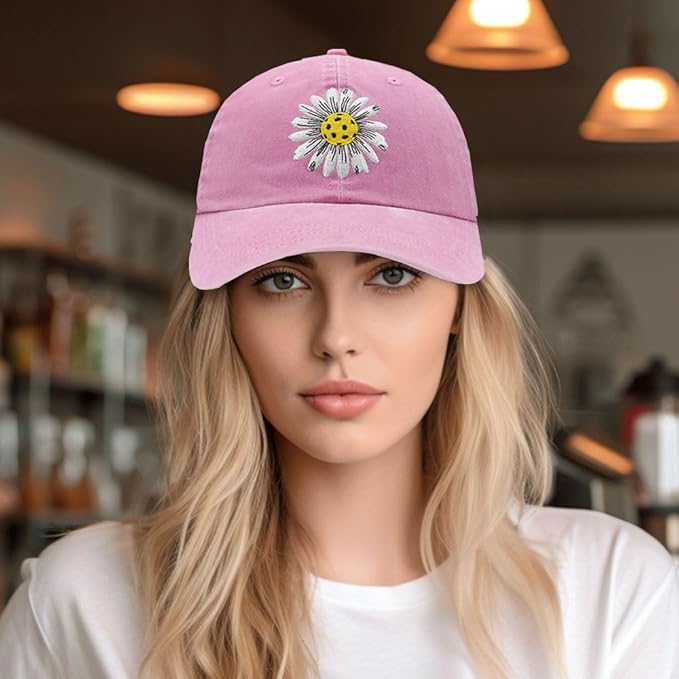Waldeal Pickleball Hat for Women, Ajustable Embroidered Daisy Washed Denim Baseball Cap