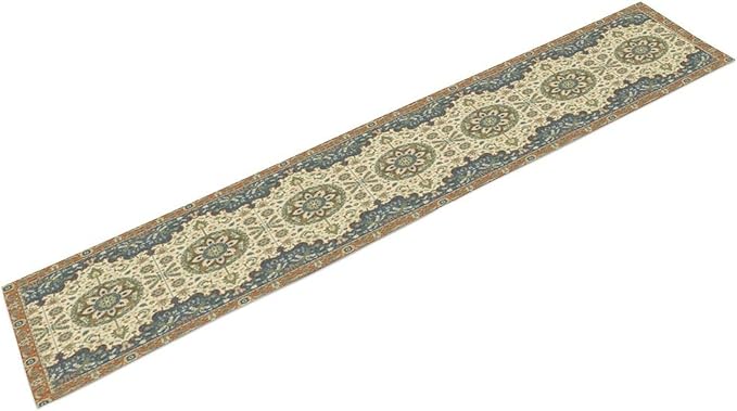 Boho Bohemian Table Tunner, Vintage Neutral Traditional Mandala Floral Blue Beige Medallion Table Runner for Kitchen Dining Outdoor Indoor Home Decor, 13x60 Inch