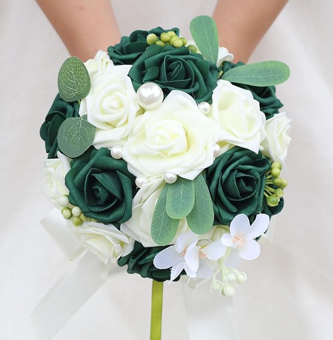 Lightweight Bridal Wedding Bouquet Round Holding Bouquet Throw Toss Artificial Rose Flower Bunch for Bride Bridesmaid Wedding Quinceanera (Cream & Dark Green, 9.1")