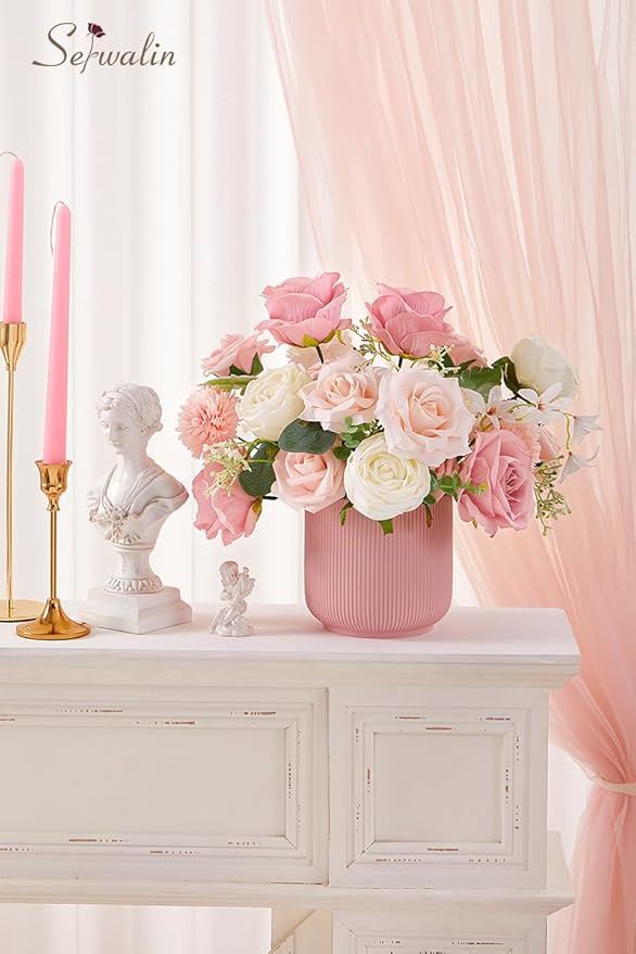 Serwalin Artificial Flowers Fake Silk Flowers for DIY Wedding Bouquets Cake Decoration Mixed Roses Combo Blush Pink and White Flower Centerpieces Arrangements for Party Table Chair Decor