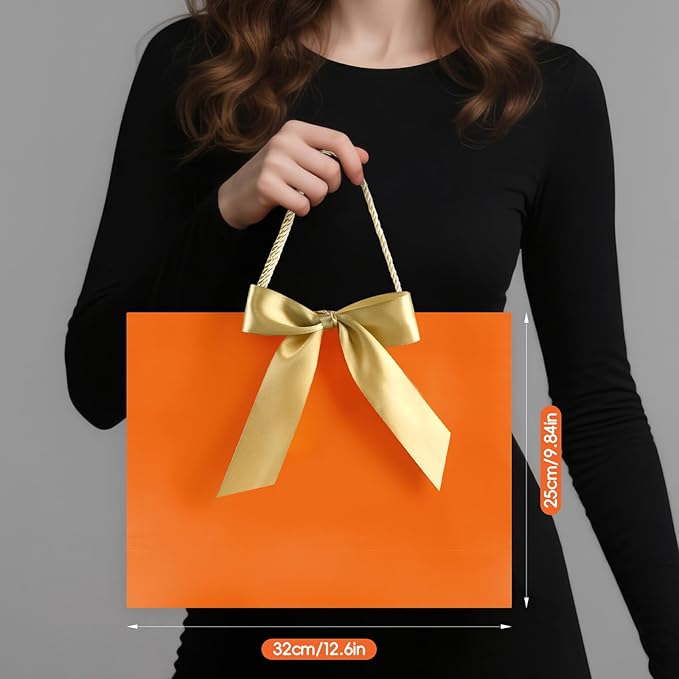 JMANNI 1PCS Large Gift Bag with Ribbon and 1 Greeting Card 2 Tissue Papers, Portable Paper Gift Bag with Handles, Birthday Present Bags for Wedding Party,Mothers Day12.6" x 9.8" x 3.9"(Orange