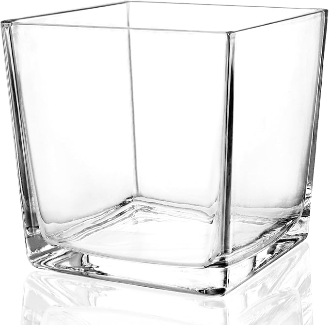 1 Pack Square Glass Vase 6" x 6" x 6", Clear Flower Vase for Centerpieces, Candle Holder for Wedding Party Events, Home Décor