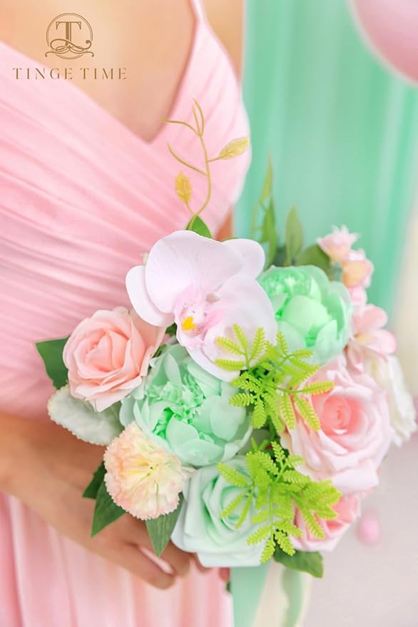 TINGE TIME 7 Inch Artificial Flowers Wedding Bouquets for Bridesmaid, Set of 4, Mint Green & Pink Bride Tossing Bouquet for Rustic Wedding Ceremony Bridal Shower Rehearsal Dinner Vintage Party